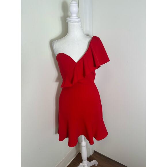 Amanda Uprichard Red One Shoulder Ruffle Mini Cocktail Dress Sz M - Picture 1 of 4
